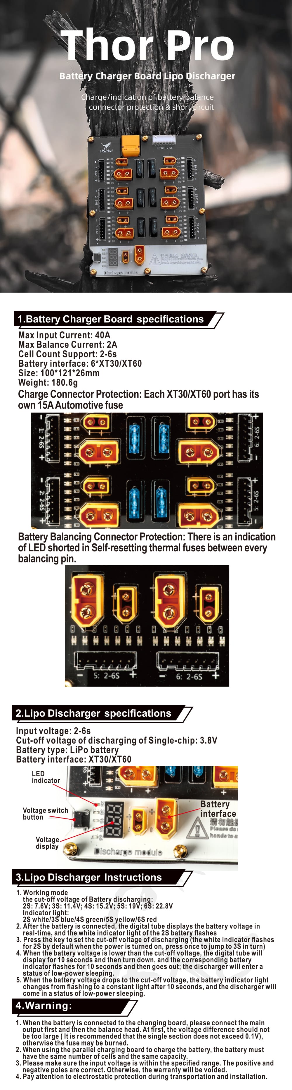 HGLRC Thor Pro 6-Port Balance Charging Board with Discharger (XT30/XT60, 2-6S)