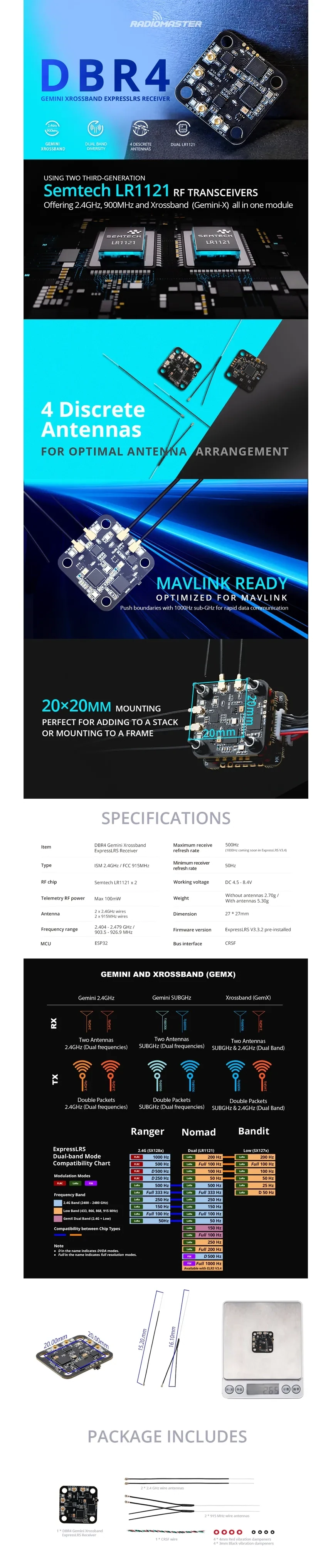 RadioMaster XR4 Gemini Xrossband Dual-Band ELRS Receiver