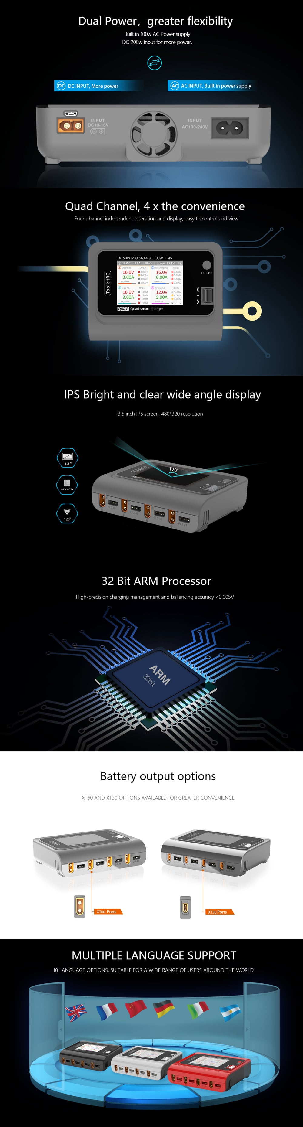 ToolkitRC Q4AC 1-4S AC 100W / DC 200W Quad Smart Charger
