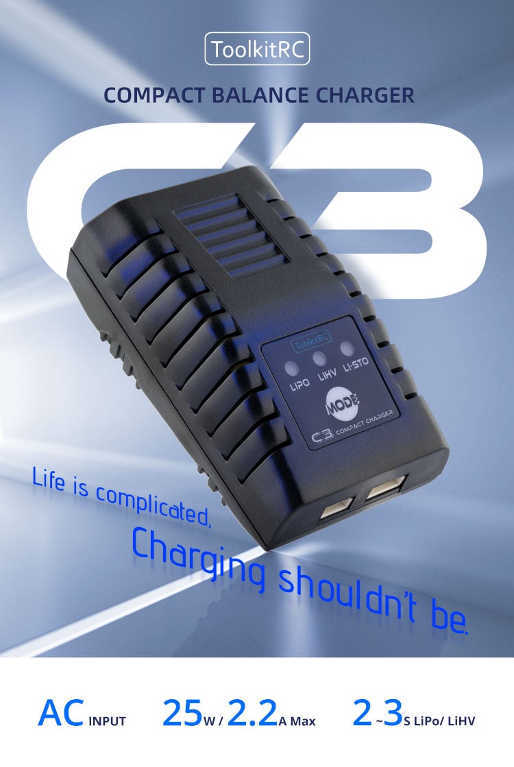 ToolkitRC C3 2-3S 25W Compact AC LiPo Charger