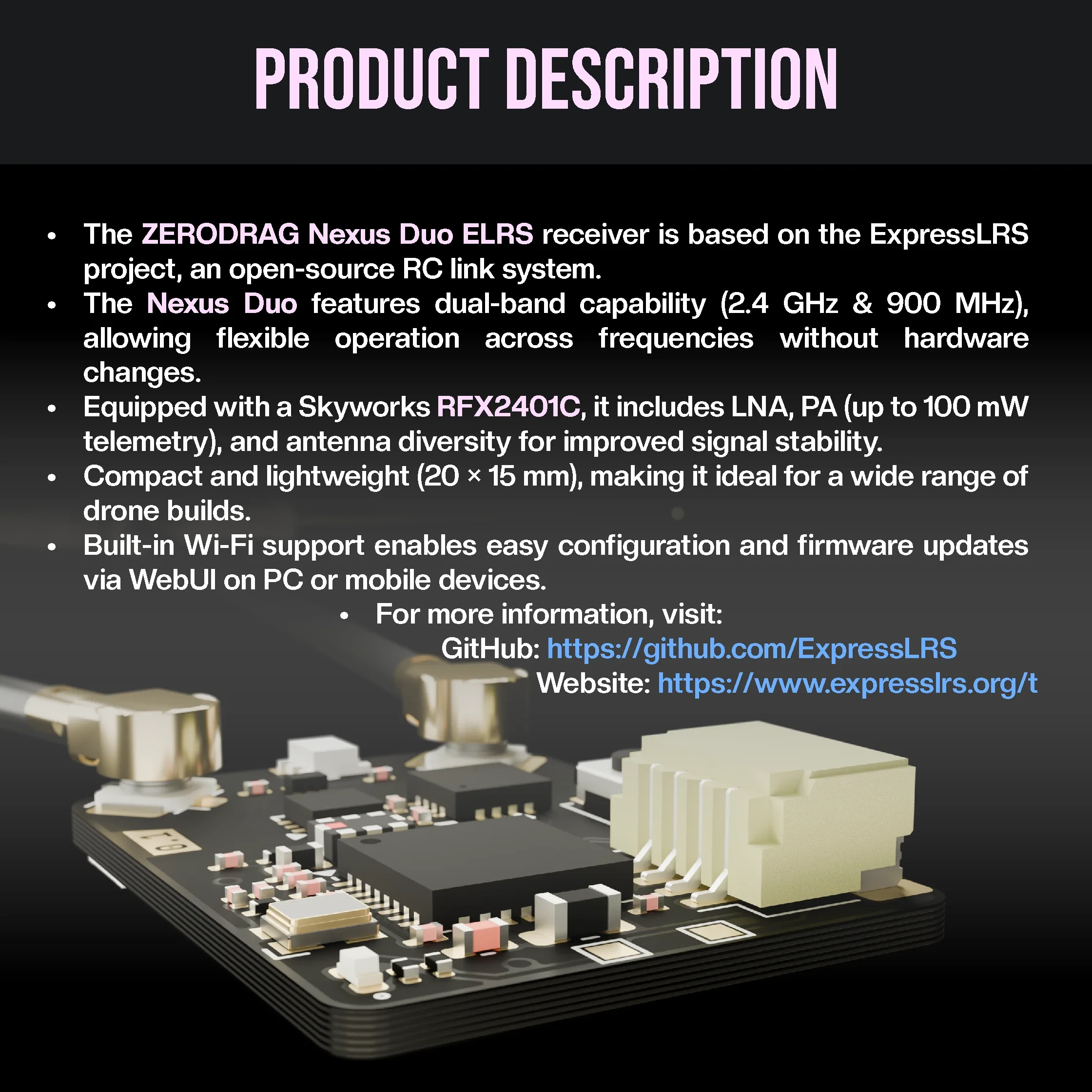 Zerodrag Nexus Duo Dual-Band ELRS Receiver (2.4GHz/900MHz)
