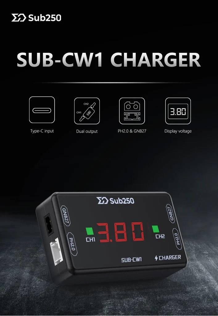 Sub250 CW1 Charger for A30 and PH2.0 Battery Connectors