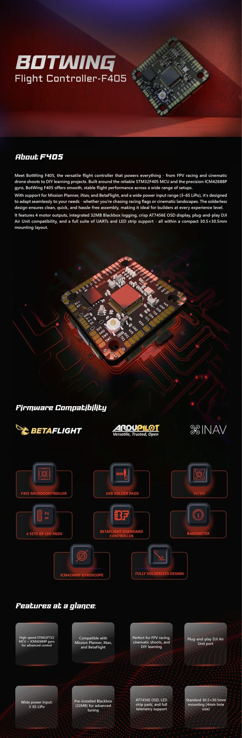 BotWing F405 Flight Controller (Solderless Design)