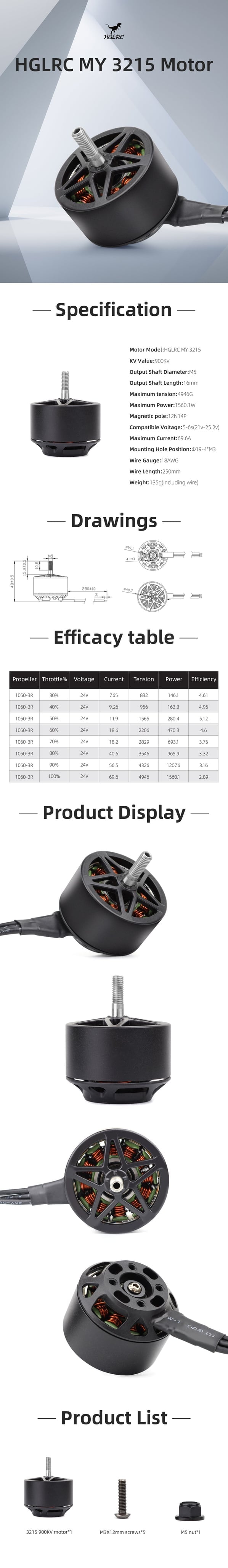 HGLRC MY 3215 900KV 5-6S Brushless Motor