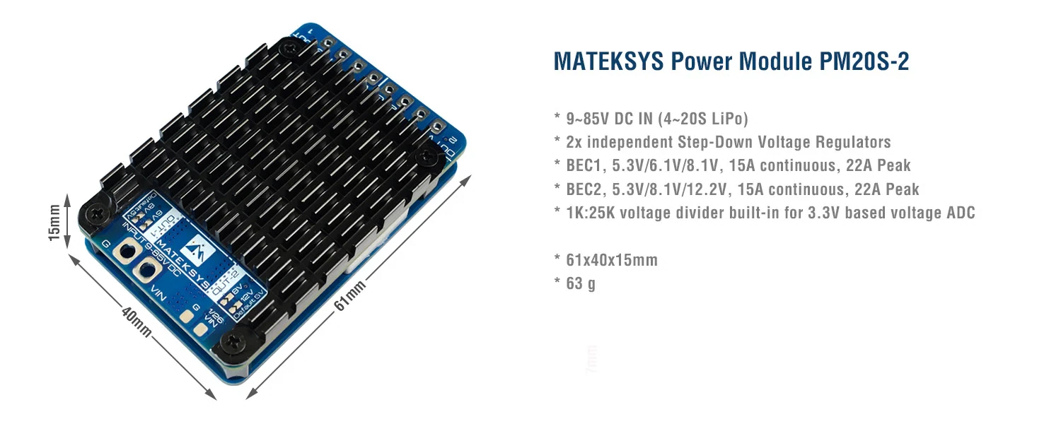 Matek PM20S-2 Power Module (3–20S, 2× BEC)
