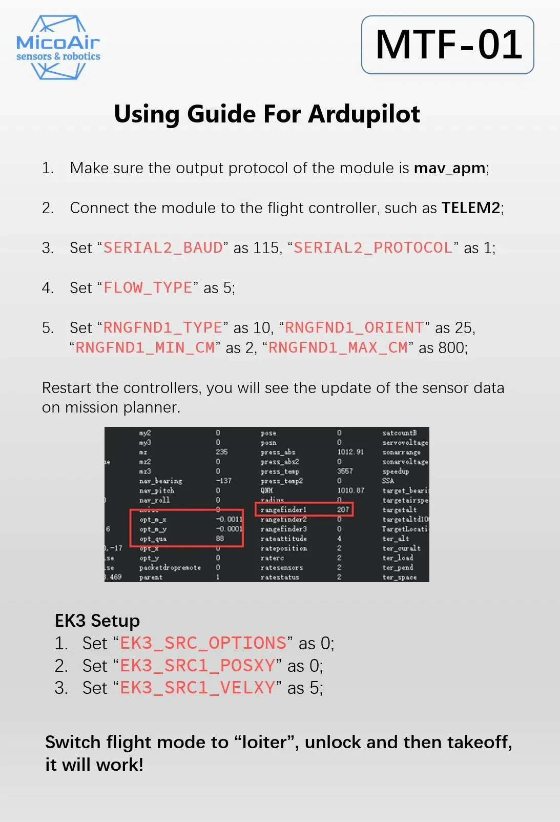 MicoAir MTF-01 Optical Flow & LIDAR for Ardupilot/PX4/INAV