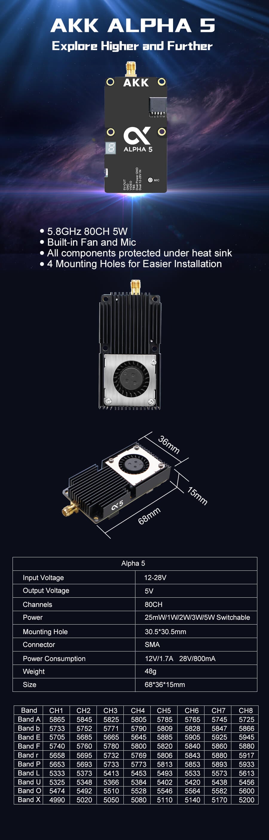 AKK Alpha 5 5.8GHz 5W 80CH Analog VTX