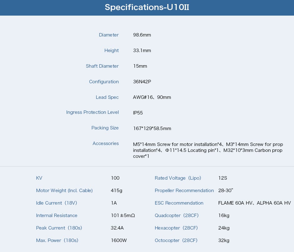 T-Motor U10II 100KV 12S Heavy-Lift Drone Motor