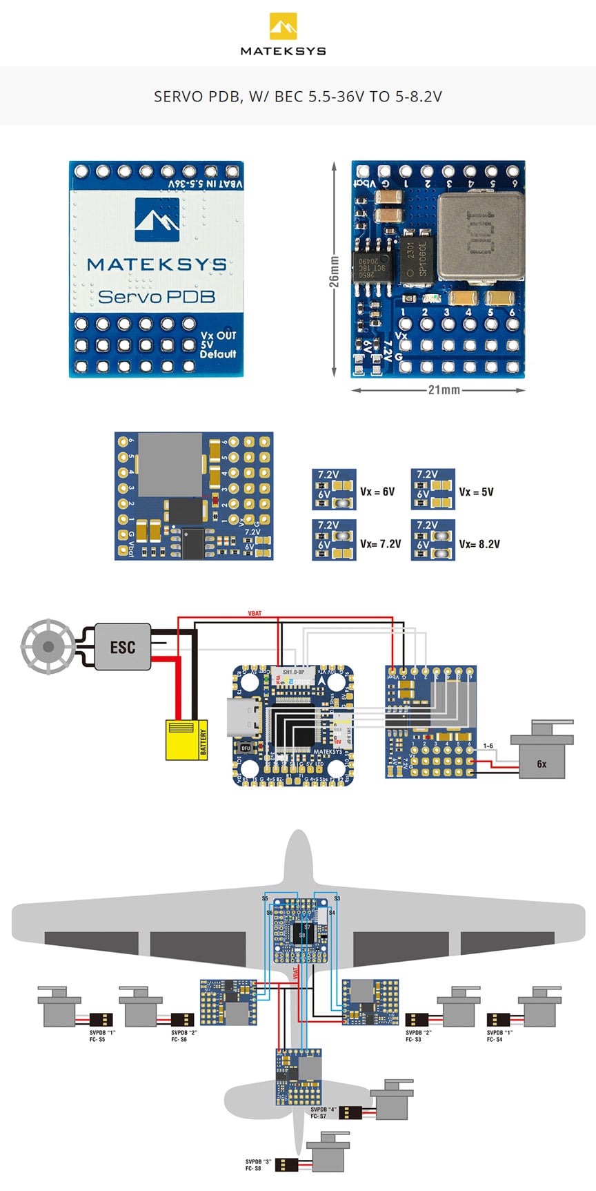 Matek SVPDB-8S Servo PDB with BEC (5.5–36V to 5–8.2V)