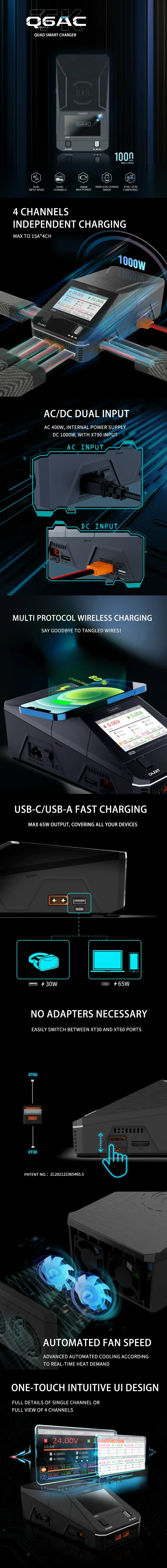 ToolkitRC Q6AC 1-6S AC 250W / DC 1000W Quad Smart Charger