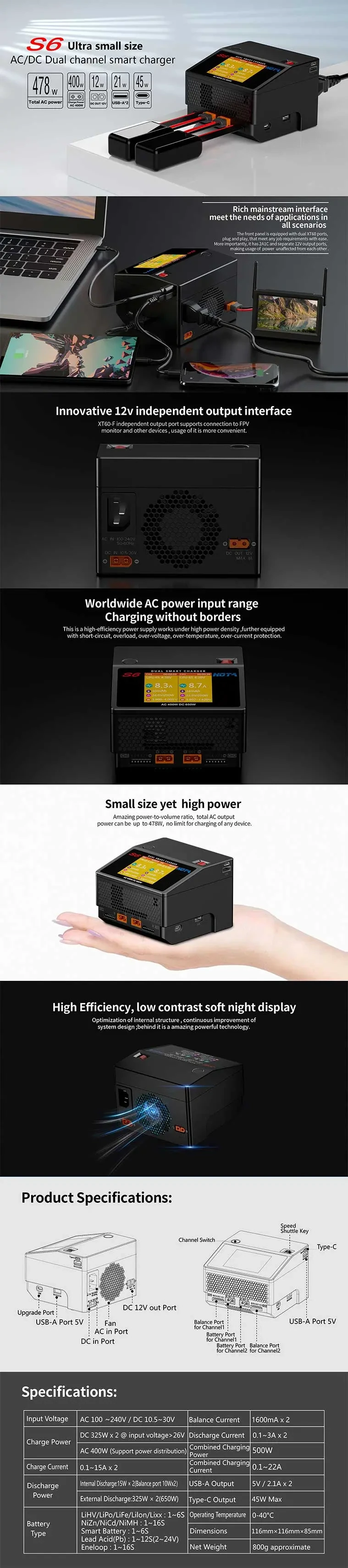 HOTA S6 AC 400W DC 325W×2 15A×2 Dual Channel Charger