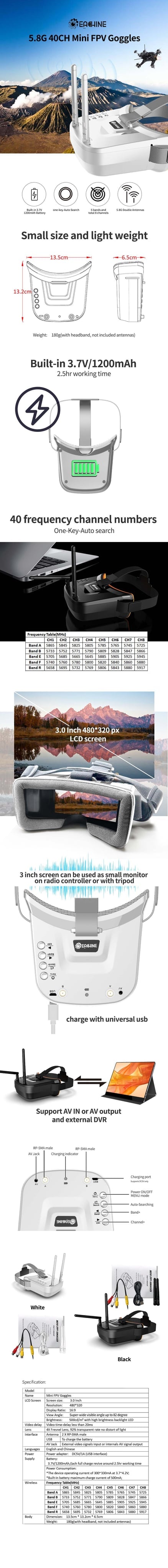 Eachine VR009 5.8GHz 40CH 3-inch Analog FPV Goggles