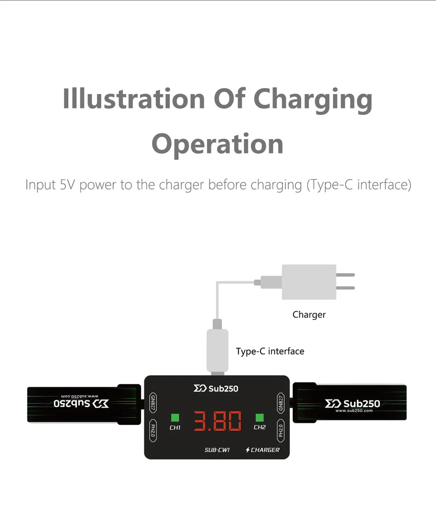 Sub250 CW1 Charger for A30 and PH2.0 Battery Connectors