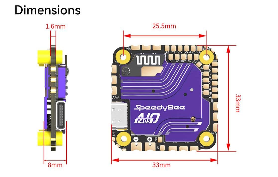 SpeedyBee F405 AIO 40A Bluejay 3-6S Flight Controller 25.5×25.5