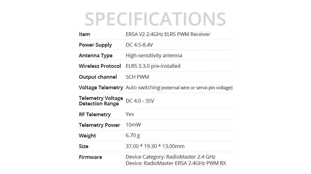 RadioMaster ER5A V2 2.4GHz ELRS PWM Receiver