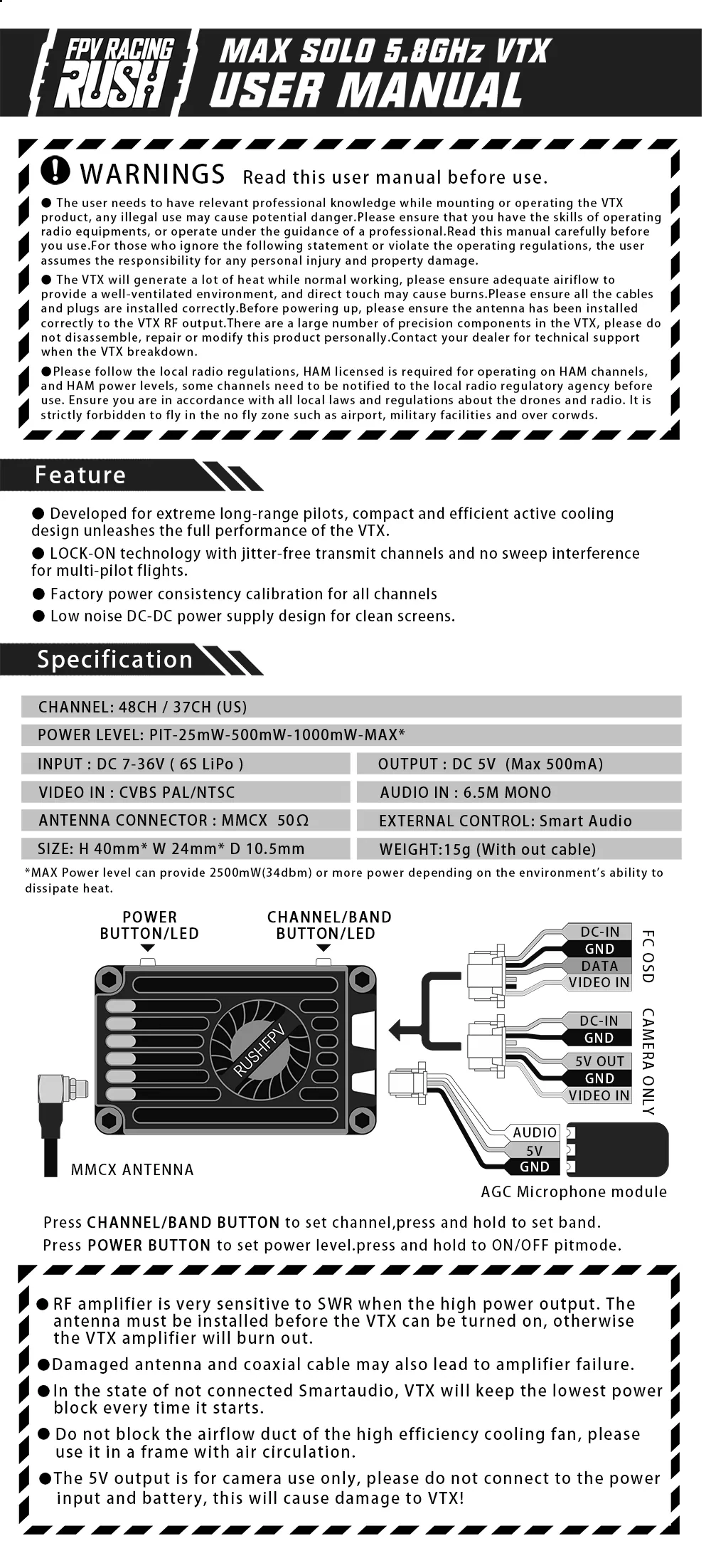 RushFPV Rush Max SOLO 5.8GHz 2.5W 37CH VTX with Smart Audio