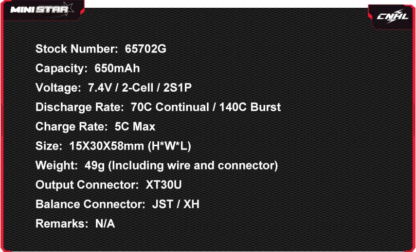 CNHL MiniStar 650mAh 2S 7.4V 70C LiPo Battery (XT30U)