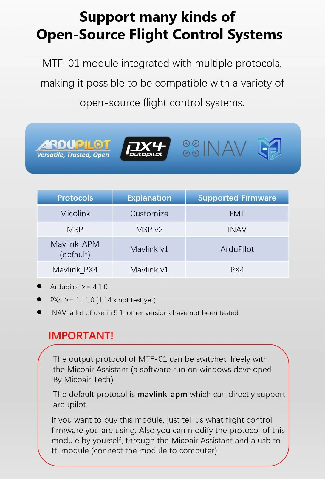 MicoAir MTF-01 Optical Flow & LIDAR for Ardupilot/PX4/INAV