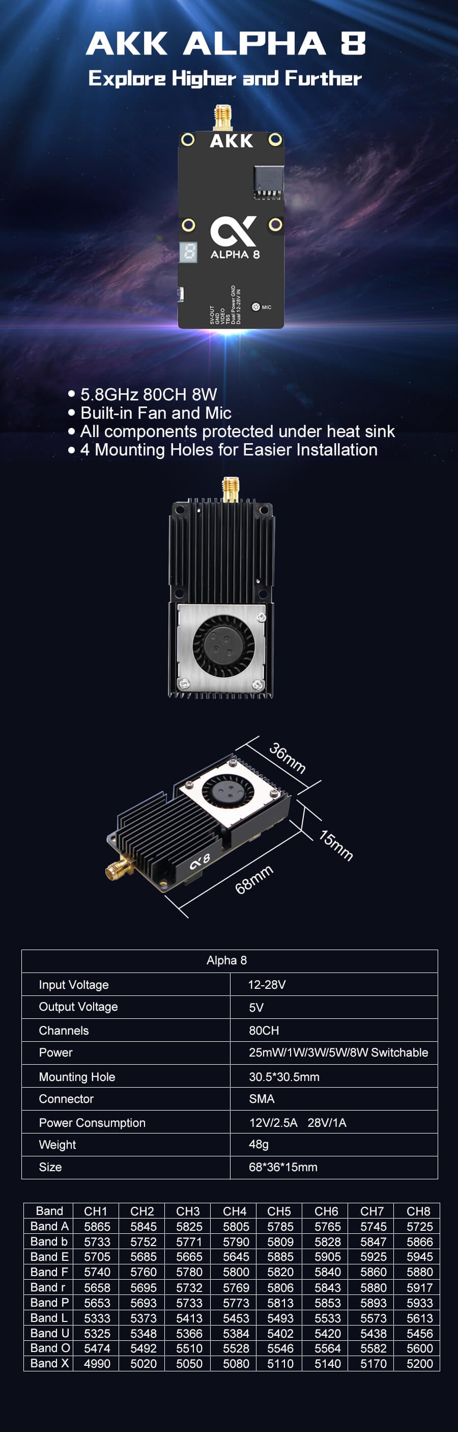 AKK Alpha 8 5.8GHz 8W 80CH Analog VTX