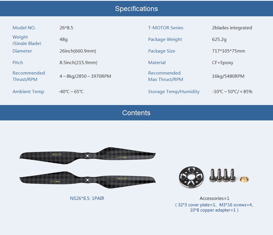 T-Motor NS26 x 8.5 Carbon Fiber Propeller (Pair)
