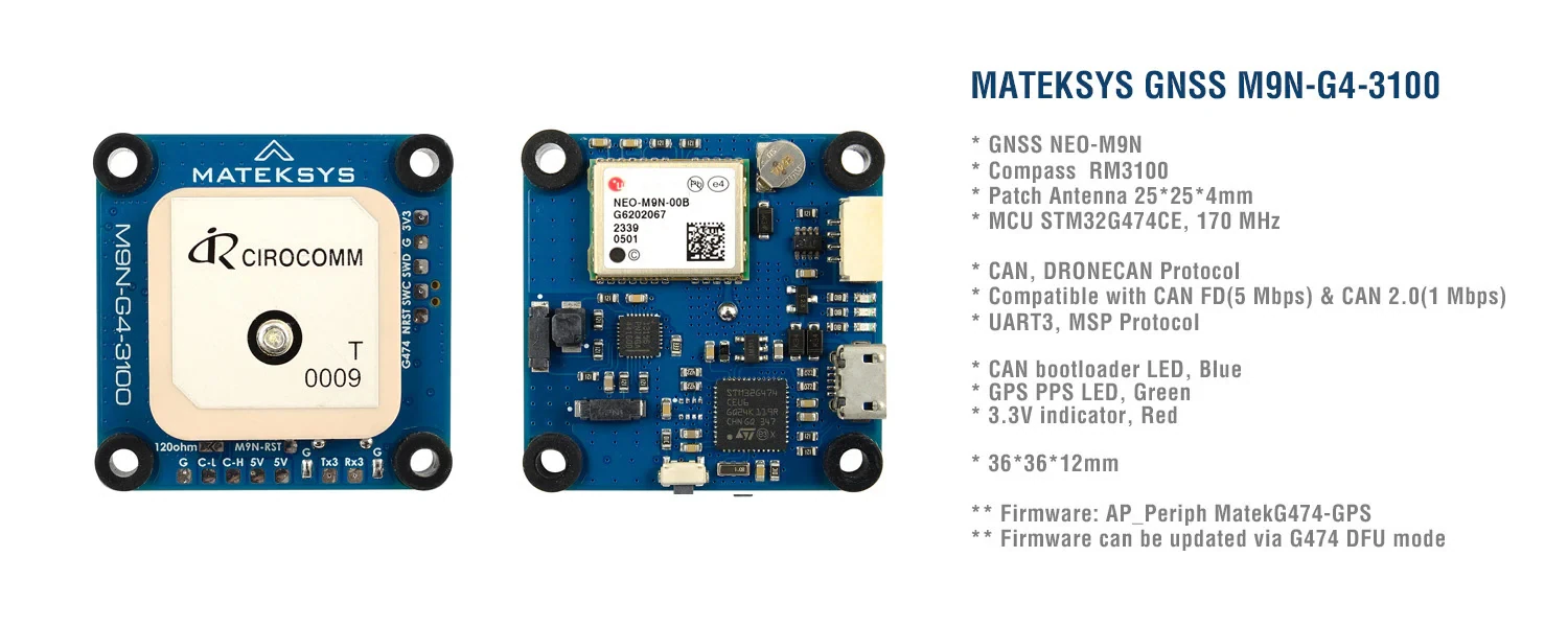 Matek AP_Periph DroneCAN GNSS M9N-G4-3100 (GPS + Compass)