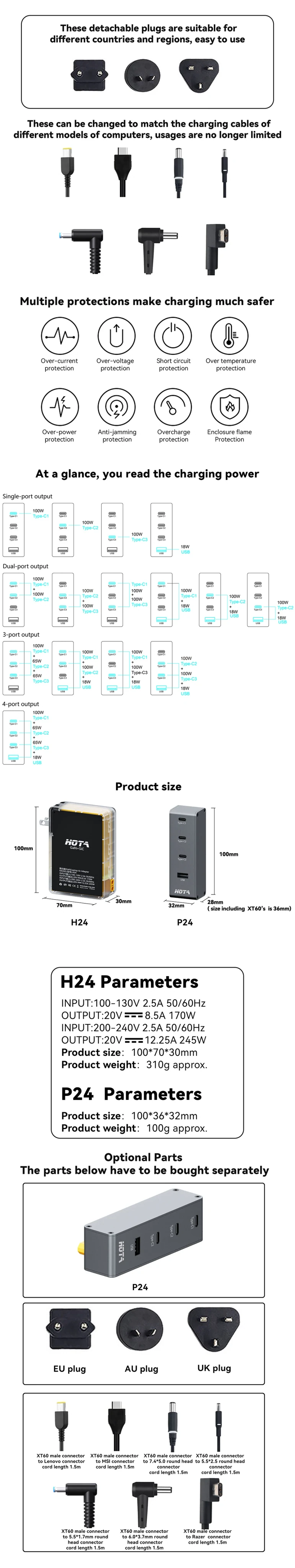HOTA H24 245W 20V GaN AC Power Adapter (EU Plug)