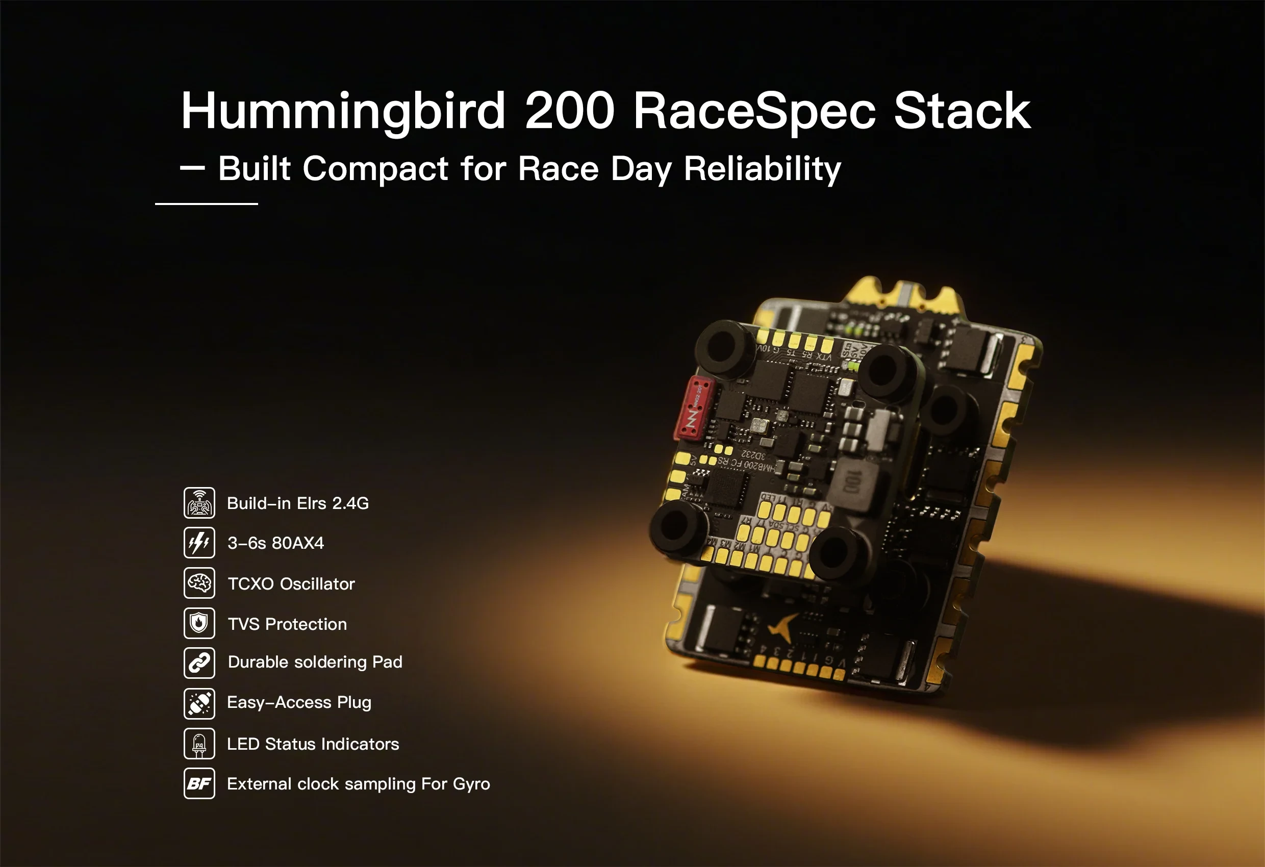 Hummingbird 200 RaceSpec Stack 20x20mm – ELRS FC + 80A AM32 ESC