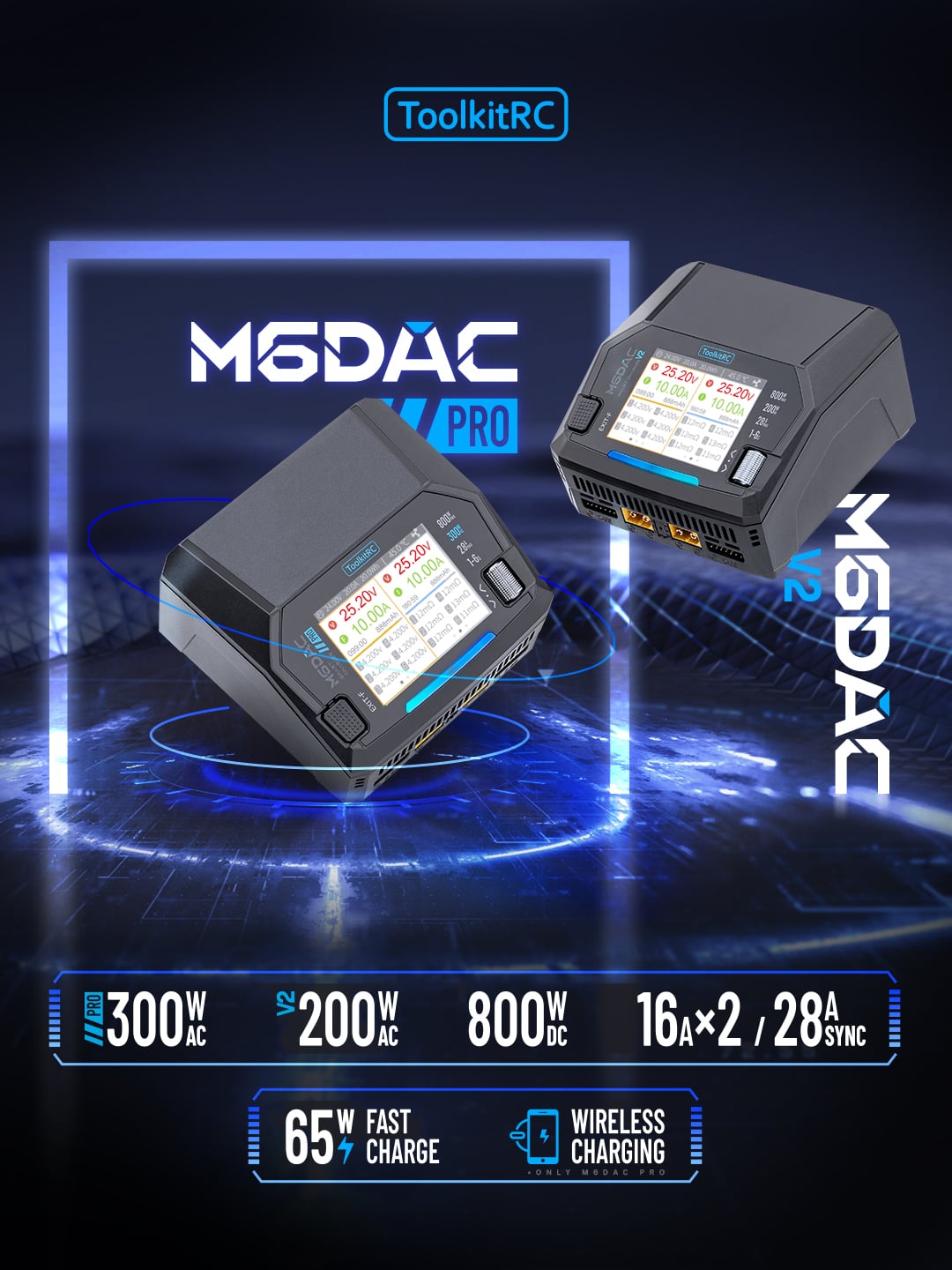 ToolkitRC M6DAC V2 AC 200W DC 800W 16AX2 25A Sync Battery Charger