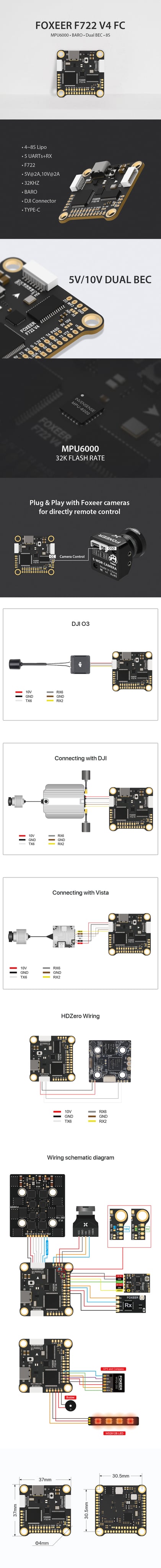 Foxeer F722 V4 30x30 Flight Controller (MPU6000, 8S Dual BEC, Barometer, X8)