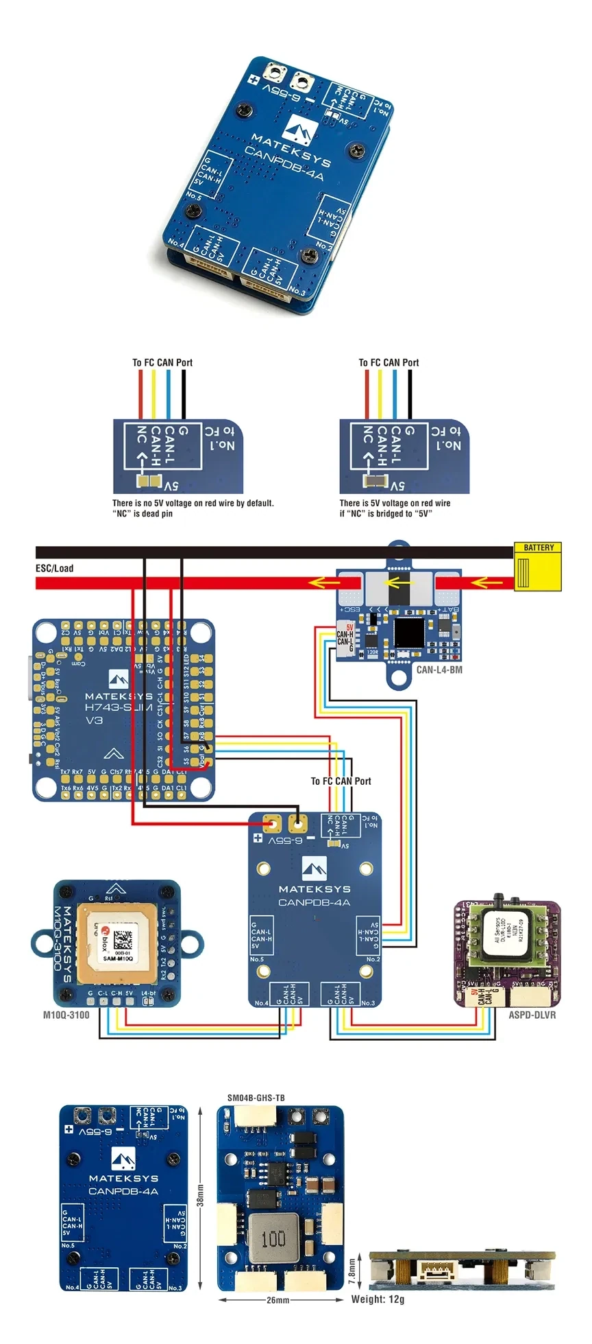 MATEKSYS CANPDB w/ 4A BEC & JST-GH Splitter