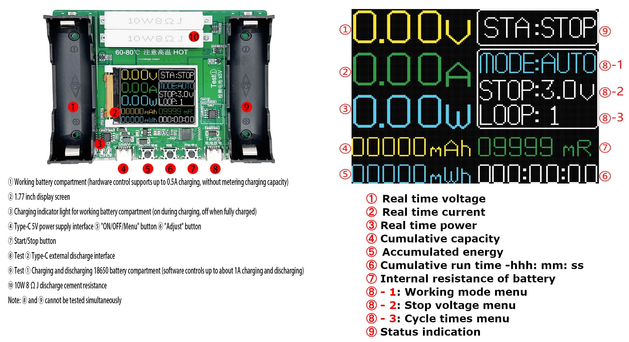 18650 Li-Ion Battery Capacity Tester 1-Channel Type-C Auto Charge Discharge