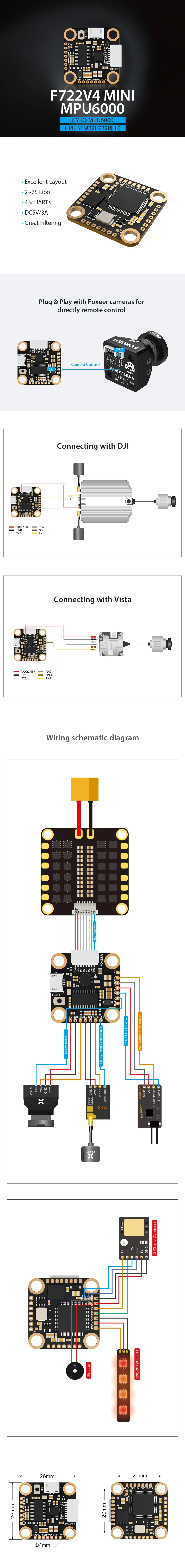 Foxeer F722 V4 Mini Flight Controller (MPU6000, 20×20mm)