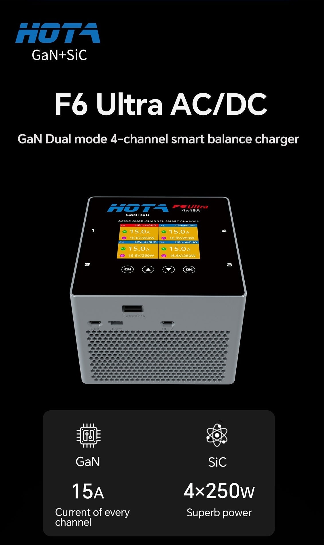 HOTA F6 Ultra Quad-Channel AC/DC Smart Charger (GaN)