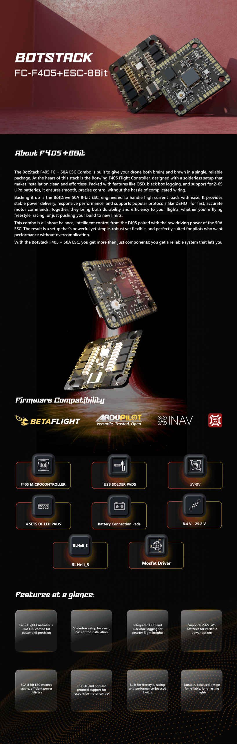 BotWing F405 FC (Solderless) + BotDrive 8-Bit 50A 4-in-1 ESC
