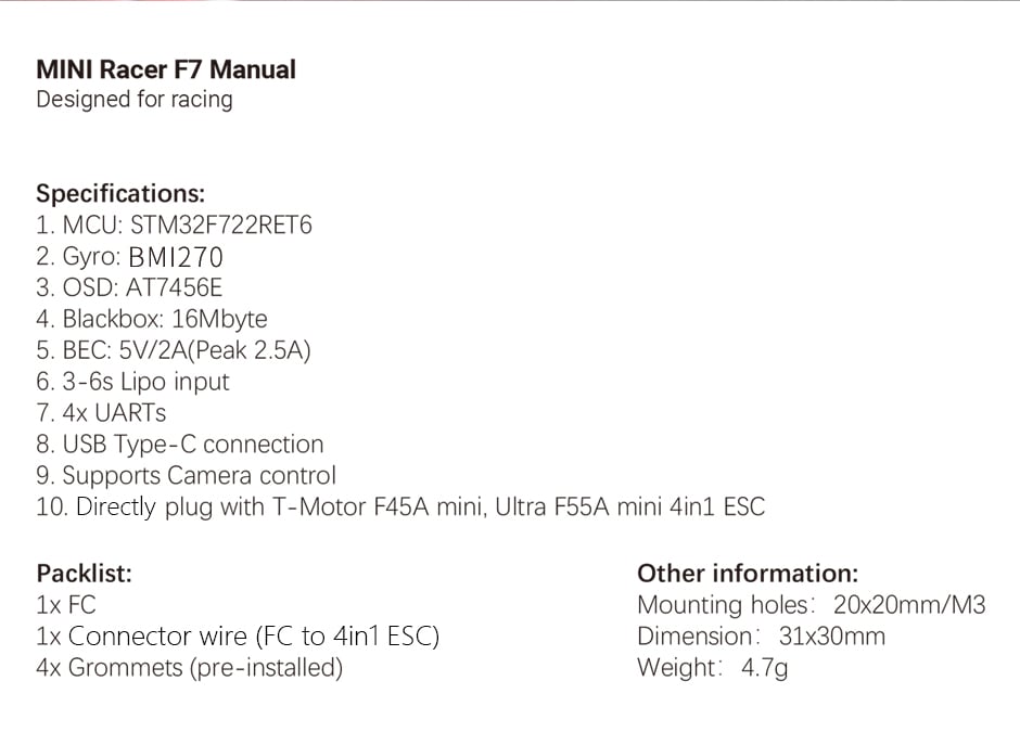 T-Motor Mini Racer 20×20 F7 Flight Controller