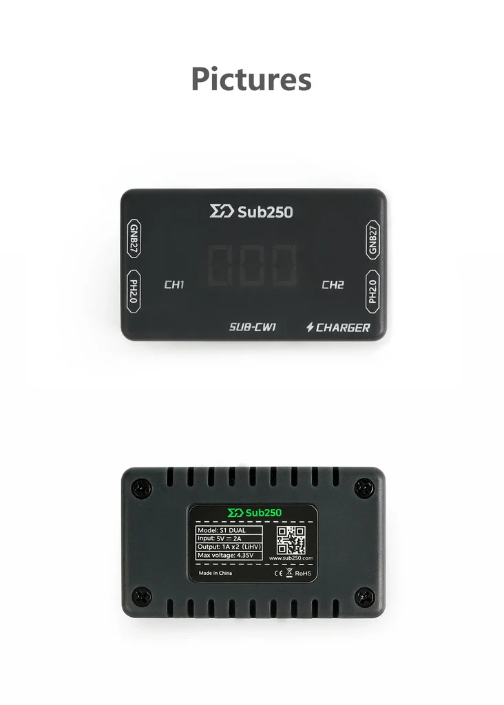 Sub250 CW1 Charger for A30 and PH2.0 Battery Connectors