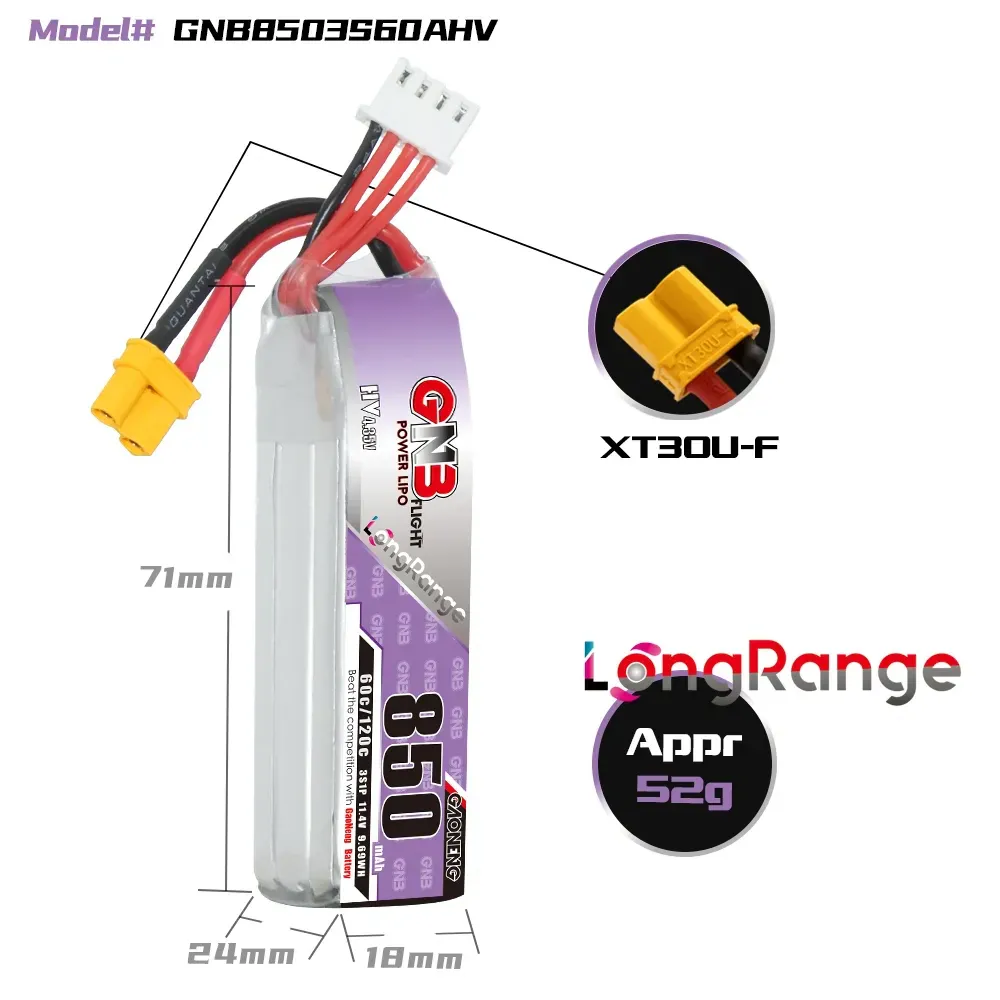 GAONENG GNB 850mAh 3S 11.4V 60C XT30 LiHV Battery (Long)