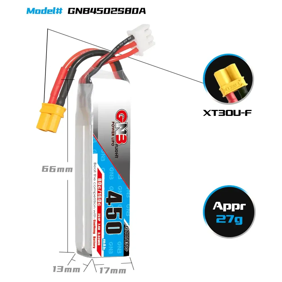 GAONENG GNB 450mAh 2S 7.4V 80C XT30 LiPo Battery (Long)