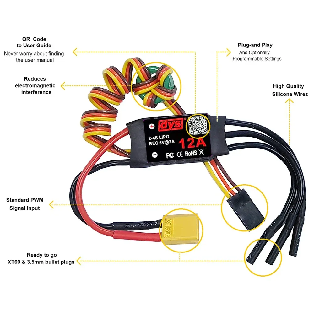 DYS 12A 2-4S Brushless ESC with 5V/2A BEC, XT30 & 2.0mm Bullets