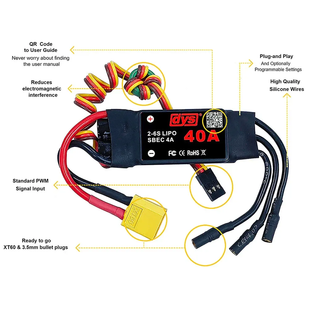 DYS 40A 2-6S Brushless ESC with 5V/4A SBEC, XT60 & 3.5mm Bullets