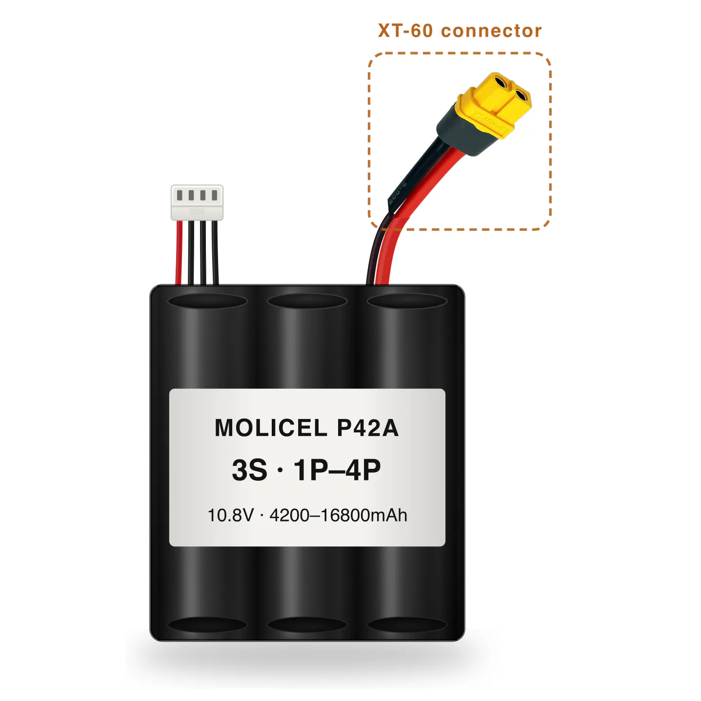 Molicel P42A 3S 1P–4P 4200–16800mAh Li-ion battery pack with XT-60 connector