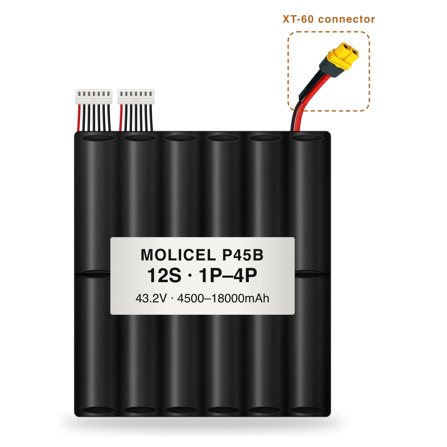 Molicel P45B 12S 1P–4P 4500–18000mAh Li-ion battery pack with XT-60 connector
