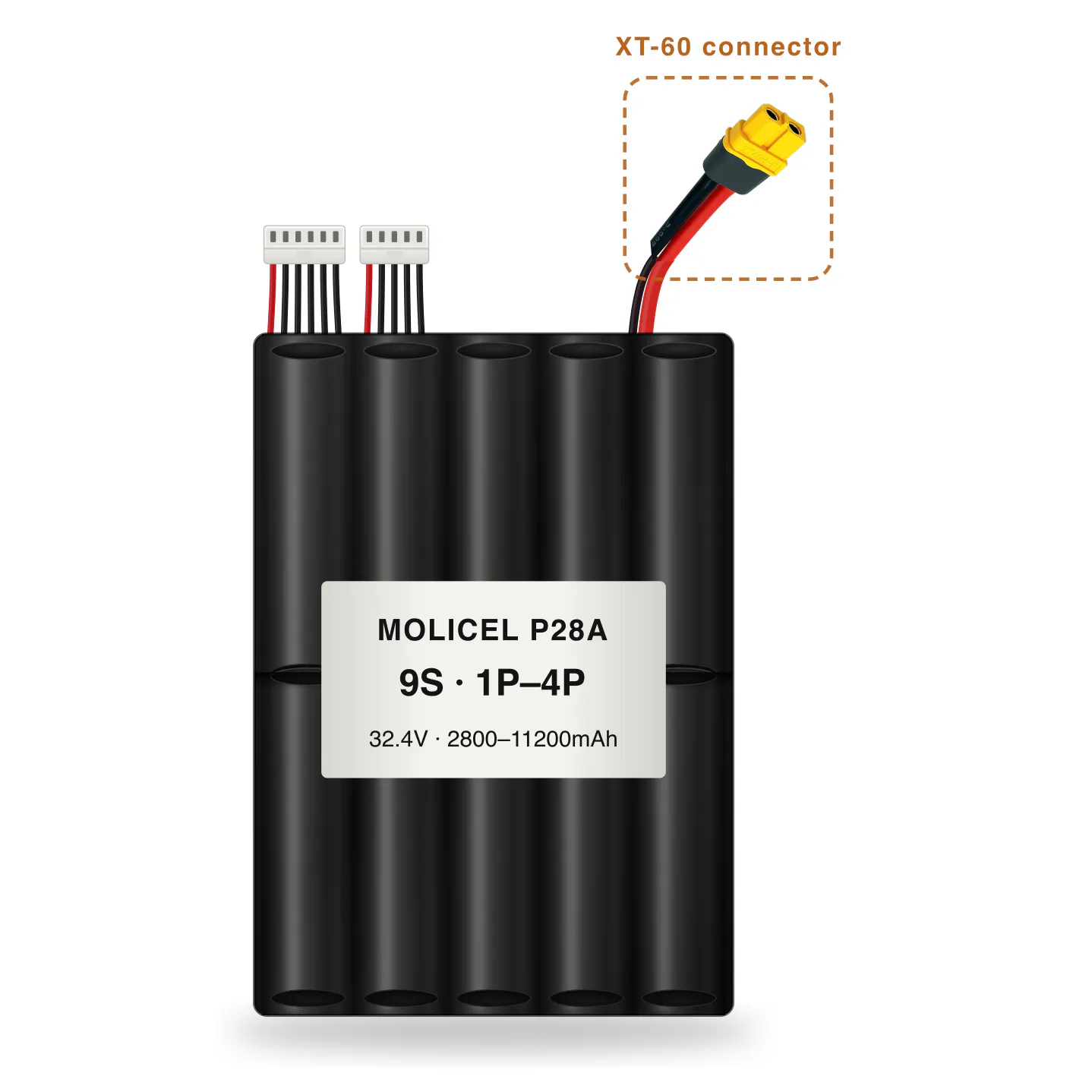Molicel P28A 9S 1P–4P 2800–11200mAh Li-ion battery pack with XT-60 connector
