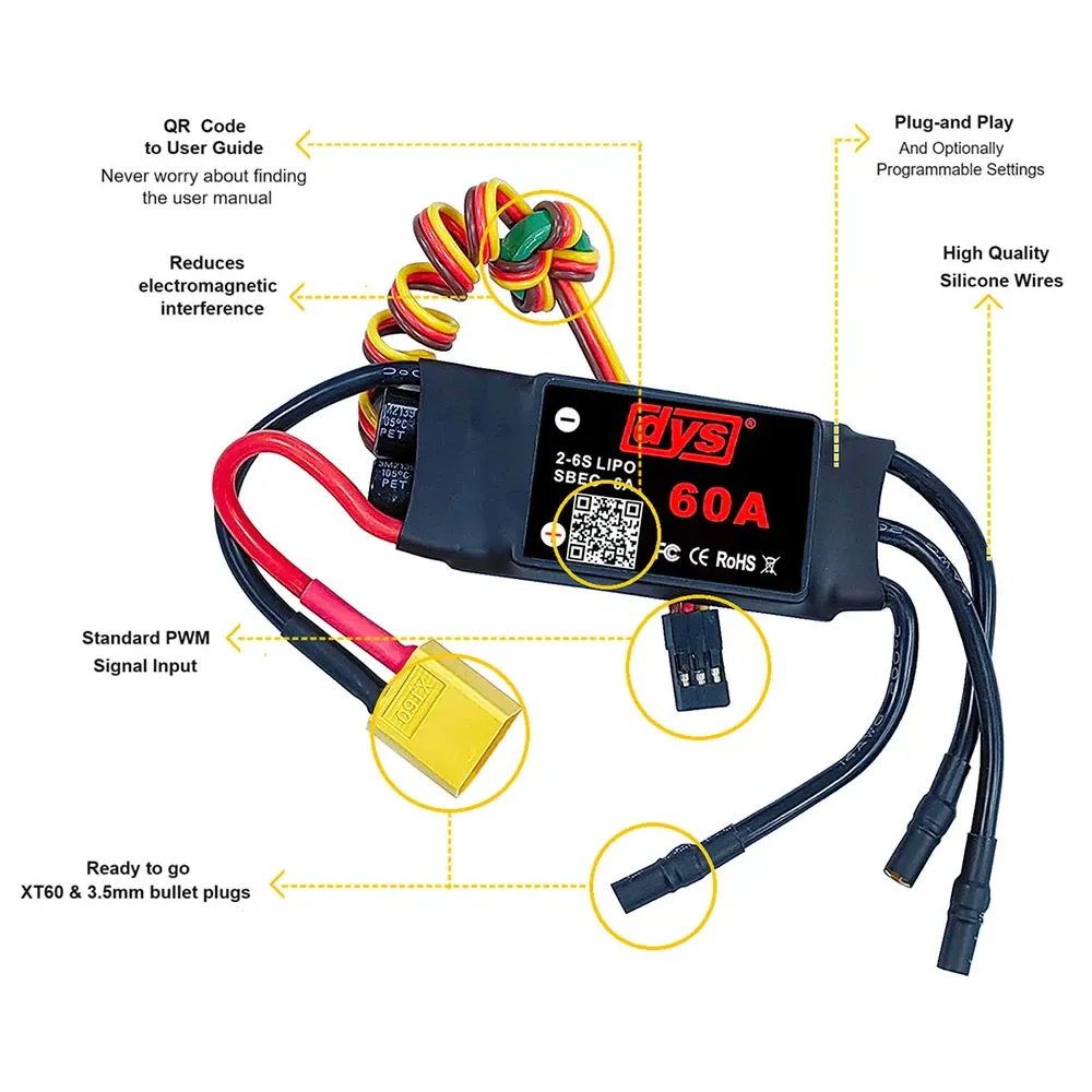 DYS 60A 2-6S Brushless ESC with 5V/6A SBEC, XT60 & 3.5mm Bullets