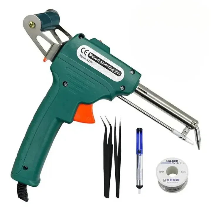 GT10 Manual Soldering Gun 220V 80W Adjustable — Package: Kit with Solder Wire, Pump & Tweezers