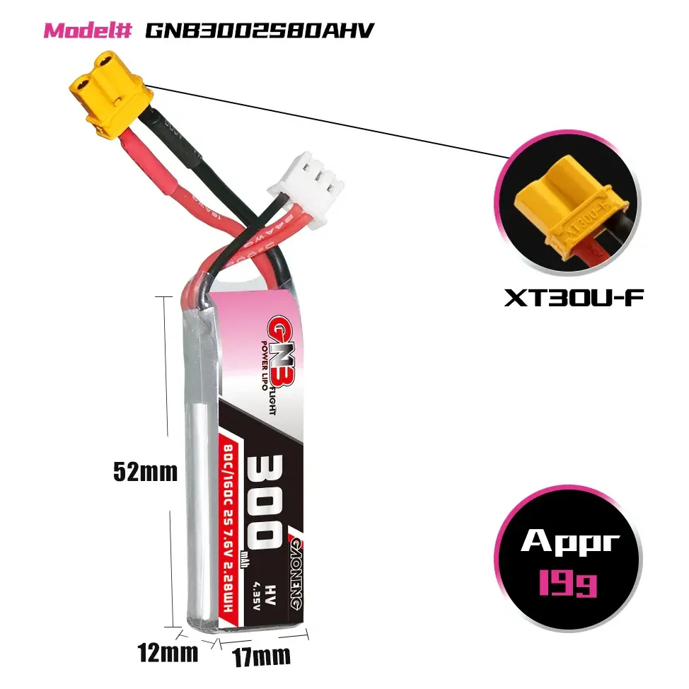 GNB LiHV 2S 7.6V 300mAh 80C XT30 LiPo Battery (GAONENG)