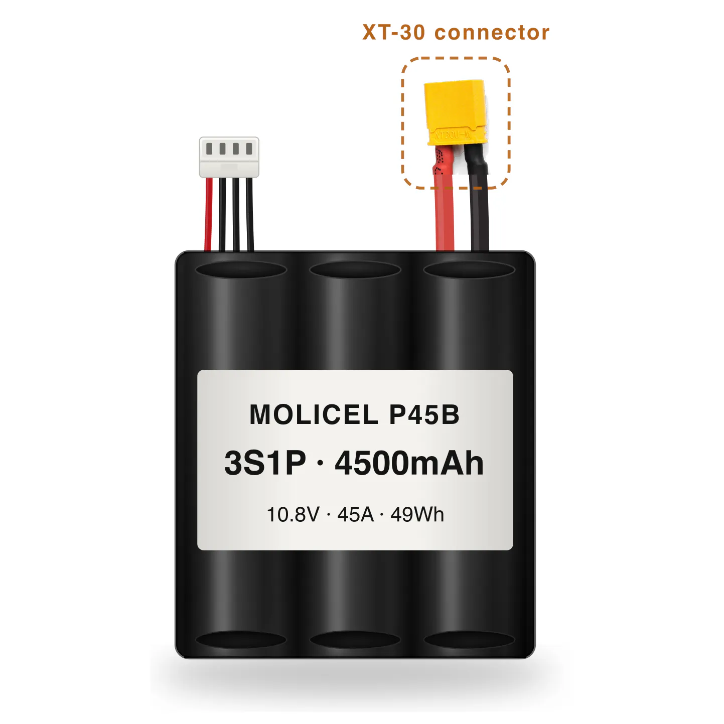 Molicel P45B 3S1P 4500mAh Li-ion battery pack with XT-30 connector