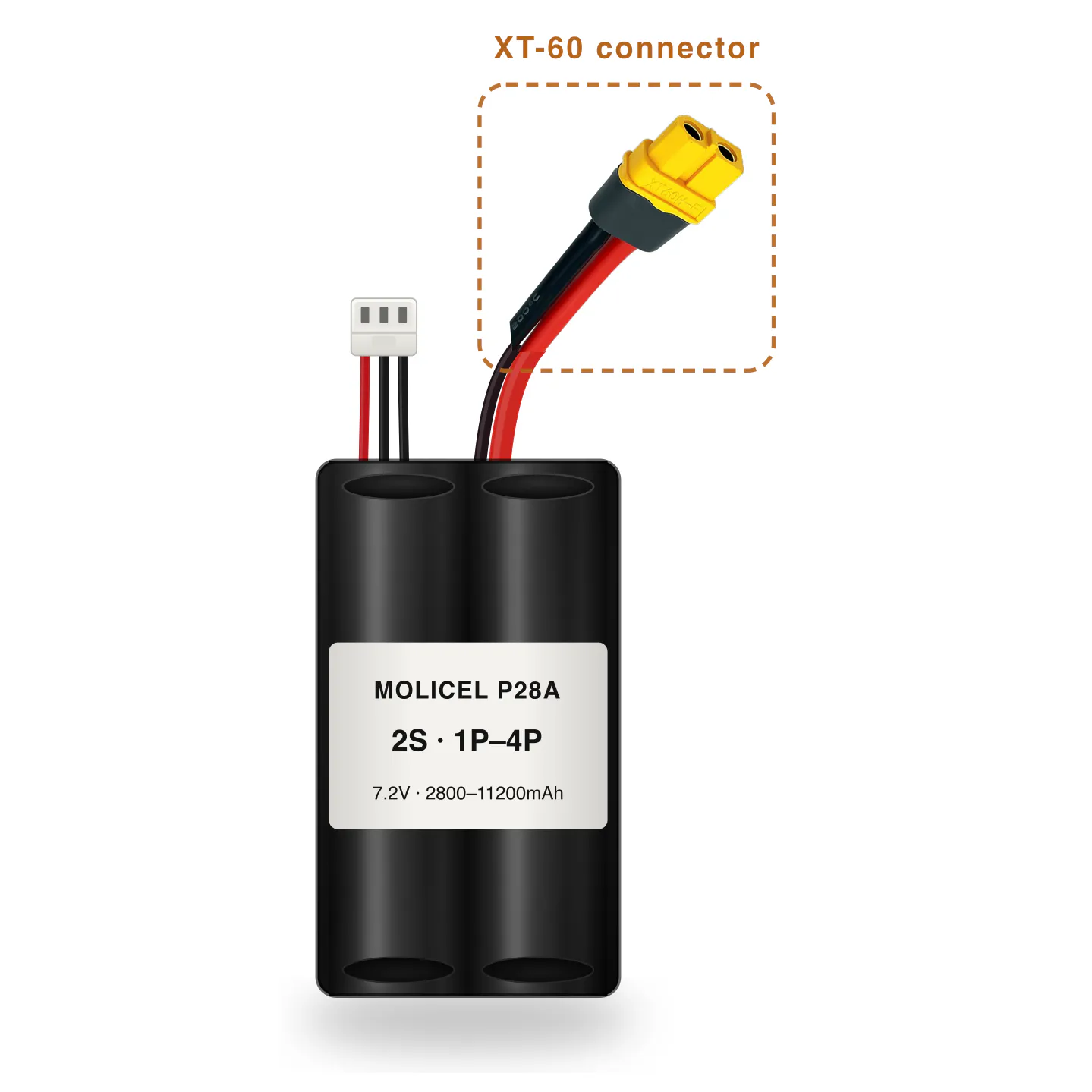 Molicel P28A 2S 1P–4P 2800–11200mAh Li-ion battery pack with XT-60 connector