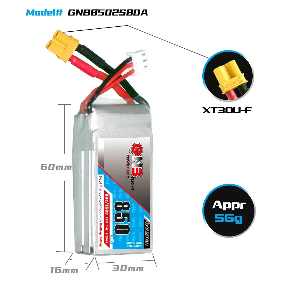 GNB 2S 7.4V 850mAh 80C XT30 LiPo Battery