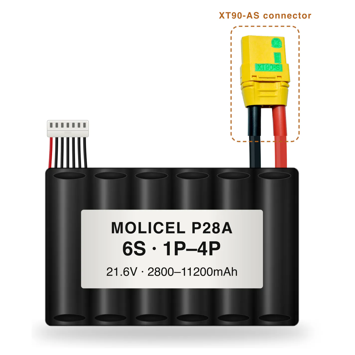Molicel P28A 6S 1P–4P 2800–11200mAh Li-ion battery pack with XT90-AS connector